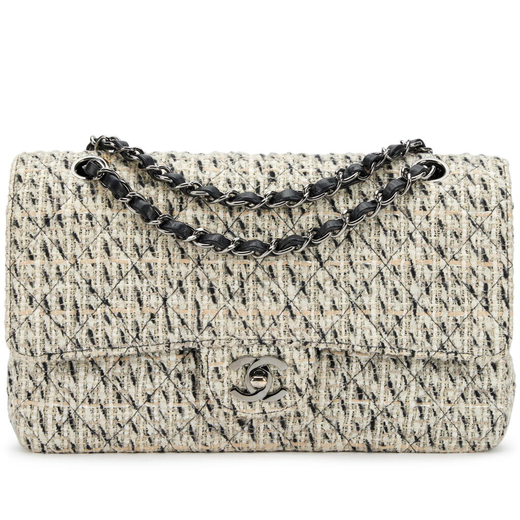 View full screen - View 1 of Lot 217. Black and White Multicolor Tweed Medium Classic Double Flap Bag Silver Hardware, 2002-2003.