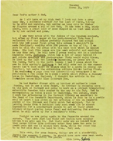 View full screen - View 1 of Lot 36. Sylvia Plath | Typed letter signed, to Edith & William Hughes, on their latest publications, 31 March 1959.