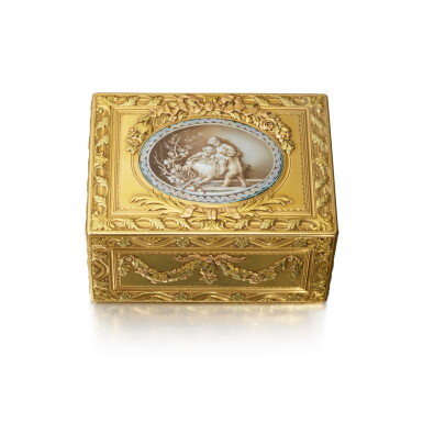 View full screen - View 1 of Lot 12. A Large Three-Color Gold and Enamel Snuff Box, in Paris Eighteenth Century Taste.