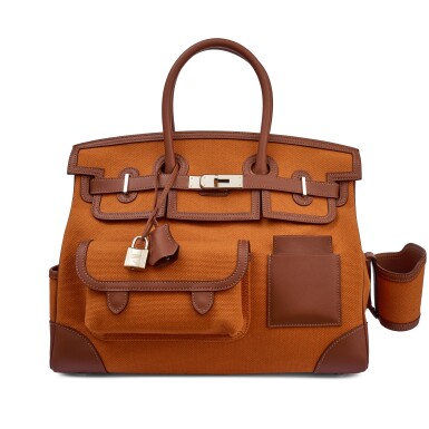 View full screen - View 1 of Lot 39. Limited Edition Marron d'Inde Swift and Canvas Cargo Birkin 35 Palladium Hardware, 2021.