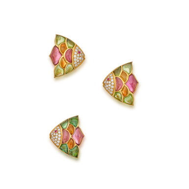 View full screen - View 1 of Lot 386. Gold, Gem-Set and Diamond 'Naturalia Marina' Clip-Brooch and Pair of Earclips.