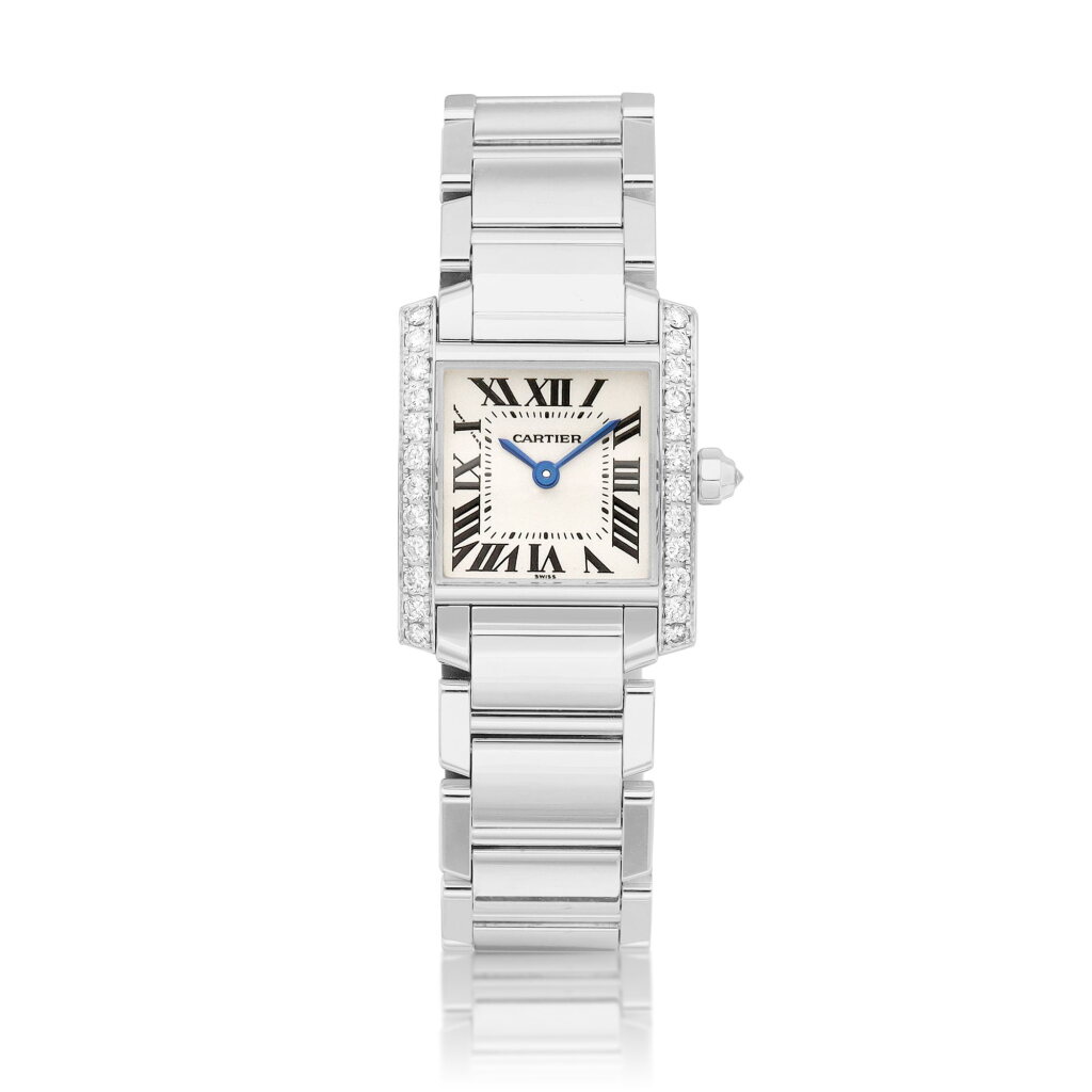 View full screen - View 1 of Lot 8298. Tank Française, Reference 2365 | A white gold and diamond-set wristwatch with bracelet, Circa 2000 | 卡地亞 | Tank Française 型號2365 | 白金鑲鑽石鏈帶腕錶,約2000年製.