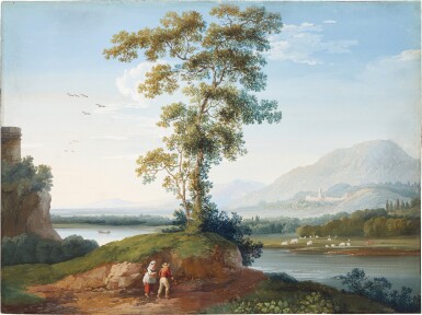 View full screen - View 1 of Lot 72. Mountainous river landscape with figures ambling in the foreground.