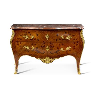 View full screen - View 1 of Lot 671. A Louis XV Style Gilt Bronze Mounted Kingwood, Tulipwood and Bois de Bout Marquetry Commode, late 19th Century.