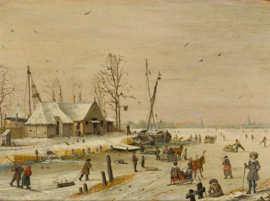 View full screen - View 1 of Lot 154. A winter landscape with skaters on a frozen lake by a tavern.