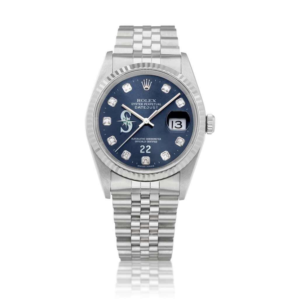 View full screen - View 1 of Lot 8763. DateJust, Reference 16234 | A stainless steel and diamond-set wristwatch with white gold bezel, date and bracelet, Made to commemorate Major League Baseball Rookie of the Year Award for Seattle Mariners' pitcher Kazuhiro Sasaki, Circa 2000 | 勞力士 | DateJust 型號16234 | 精鋼鑲鑽石鏈帶腕錶,備白金錶圈及日期顯示,為紀念西雅圖水手投手佐佐木主浩獲得美國職棒大聯盟年度最佳新人獎而製,約2000年製.