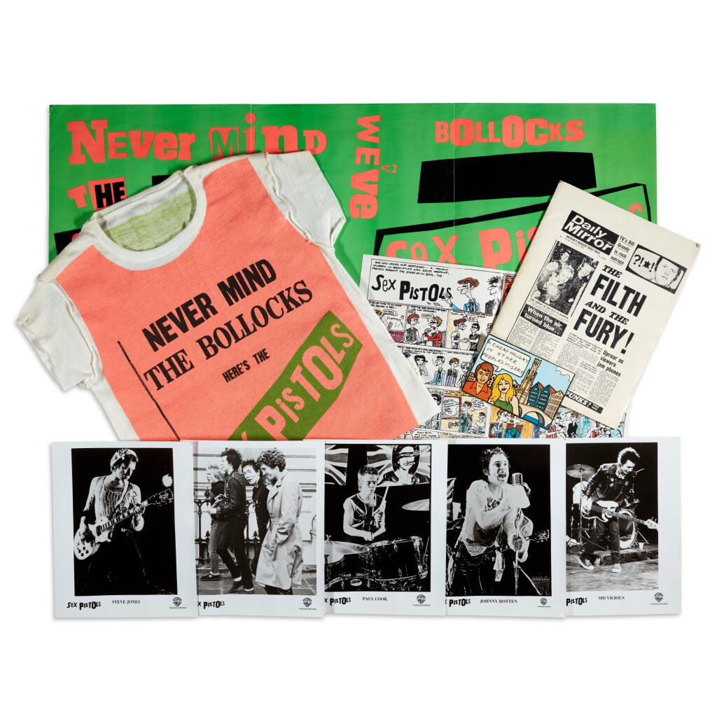View full screen - View 1 of Lot 53. Warner Bros/Jamie Reid | Press kit with Never Mind the Bollocks t-shirt, 1977.
