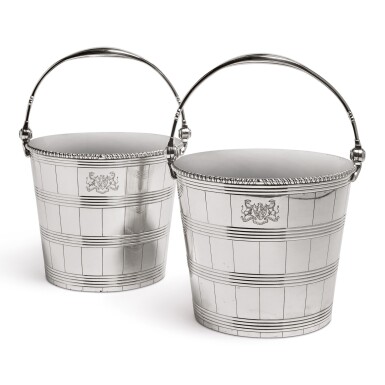 View full screen - View 1 of Lot 225. A PAIR OF GEORGE III SILVER WINE COOLERS, BENJAMIN LAVER, LONDON, 1785.