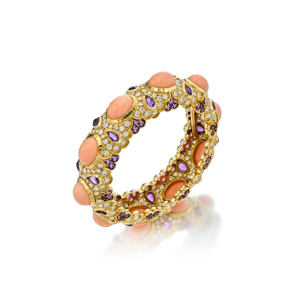 View full screen - View 1 of Lot 14. Gold, Coral, Amethyst and Diamond Bangle-Bracelet, France.
