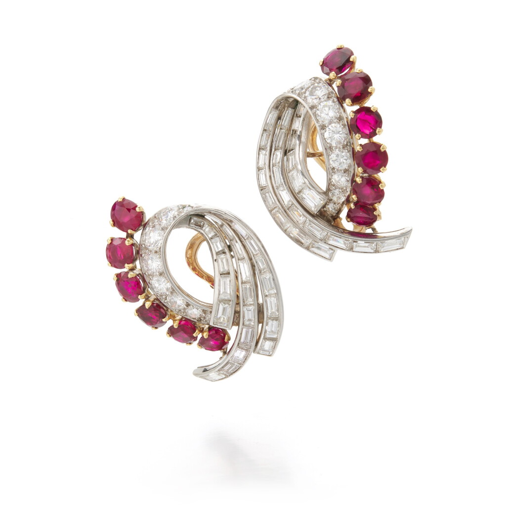 View full screen - View 1 of Lot 73. Ruby and diamond earrings (Orecchini in rubini e diamanti).