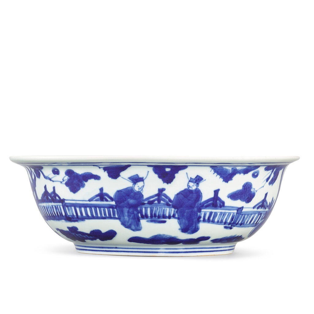 View full screen - View 1 of Lot 476. A blue and white bowl, Ming dynasty, Jiajing period, yutang jiaqi mark 明嘉靖 青花蟾宮折桂圖折沿盌 《玉堂佳器》款.
