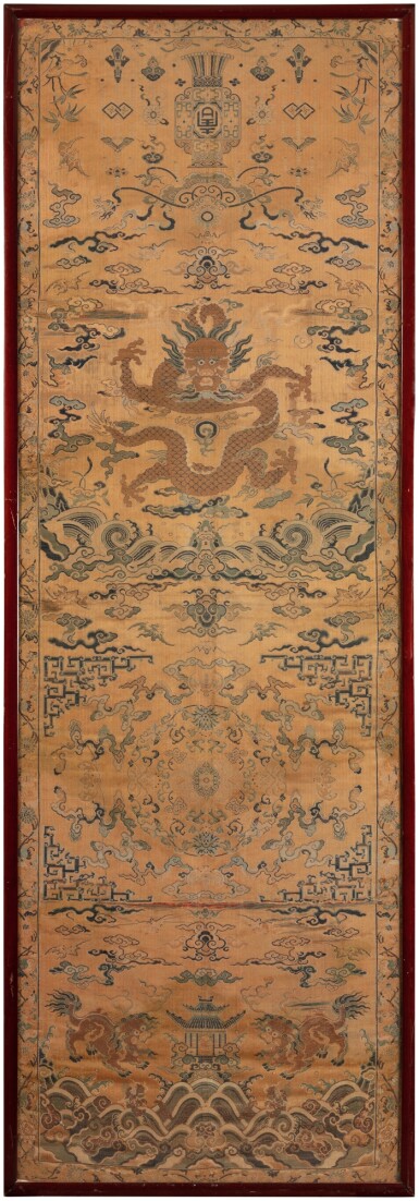 View full screen - View 1 of Lot 48. A group of four embroidered silk seat covers, Qing dynasty, 18th - 19th century | 清十八至十九世紀 刺繡掛屏 一組四件.