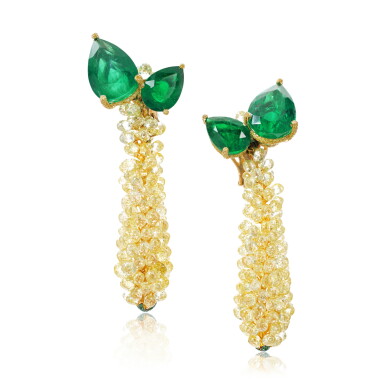 View full screen - View 1 of Lot 785. Pair of Emerald and Coloured Diamond Pendent Earrings.