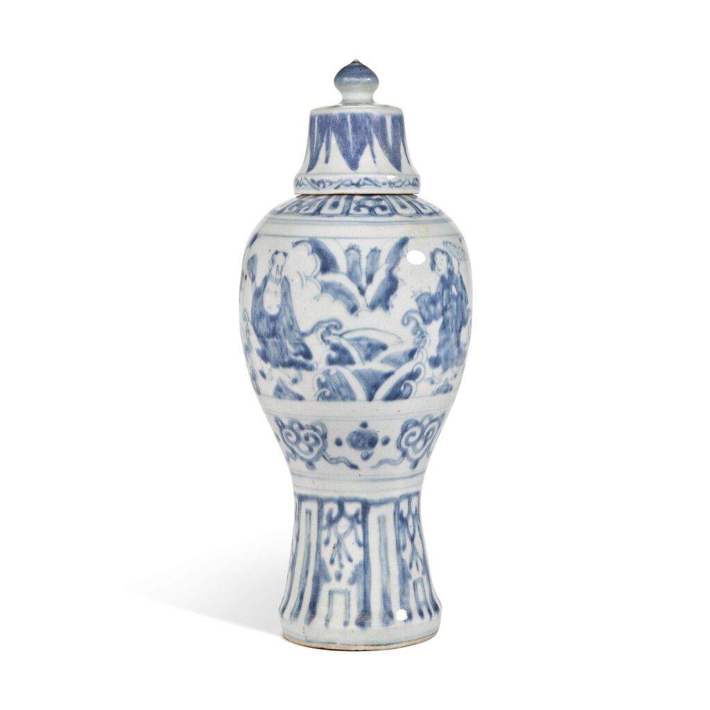 View full screen - View 1 of Lot 375. A blue and white 'immortal' meiping and cover, Ming dynasty, 16th / 17th century | 明十六 / 十七世紀 青花神仙過海圖蓋梅瓶連蓋《永保長春》款.