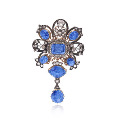 View full screen - View 1 of Lot 1036. Sapphire and diamond brooch/pendant, circa 1900.