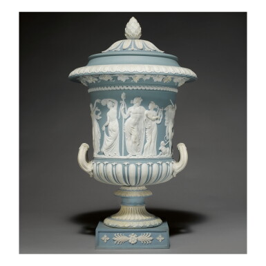 View full screen - View 1 of Lot 136. A WEDGWOOD BLUE AND WHITE JASPERWARE TWO-HANDLED 'BORGHESE' VASE LATE 18TH CENTURY .