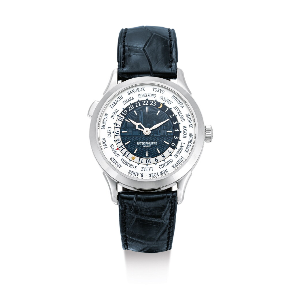 View full screen - View 1 of Lot 2044. PATEK PHILIPPE | REFERENCE 5230, A LIMITED EDITION WHITE GOLD WORLD TIME WRISTWATCH WITH BLUE CLOISONNÉ ENAMEL DIAL, MADE FOR NEW YORK MARKET, CIRCA 2017 | 百達翡麗 | "型號5230 限量版白金世界時間腕錶,備藍色掐絲琺瑯錶盤,為紐約而製,機芯編號7103085,錶殼編號6199624,約2017年製".