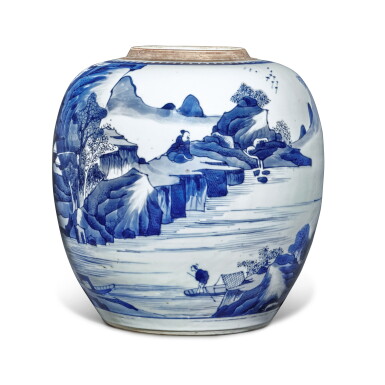 View full screen - View 1 of Lot 137. A blue and white 'landscape' jar, Qing dynasty, Kangxi period.