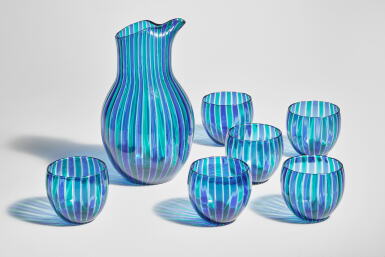 View full screen - View 1 of Lot 766. "A Canne" Carafe and Set of Six Glasses.