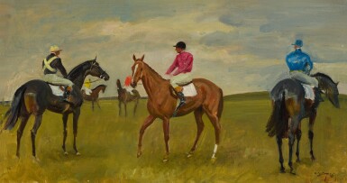 View full screen - View 1 of Lot 56. SIR ALFRED JAMES MUNNINGS, P.R.A., R.W.S. | FIVE RACEHORSES WITH JOCKEYS UP.