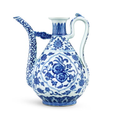 View full screen - View 1 of Lot 3646. A Ming-style blue and white 'peach and loquat' ewer, Seal mark and period of Jiaqing | 清嘉慶 青花花果紋執壺 《大清嘉慶年製》款.