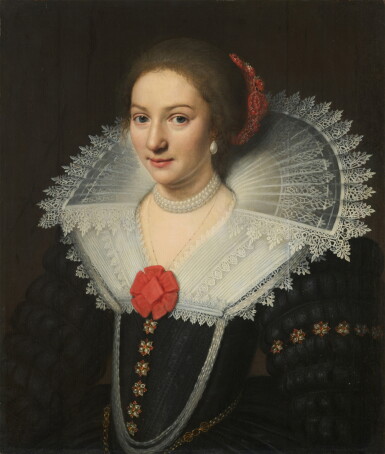 View full screen - View 1 of Lot 1066. A portrait of a lady, half-length, wearing a black dress with a white lace collar and pearl jewellery .