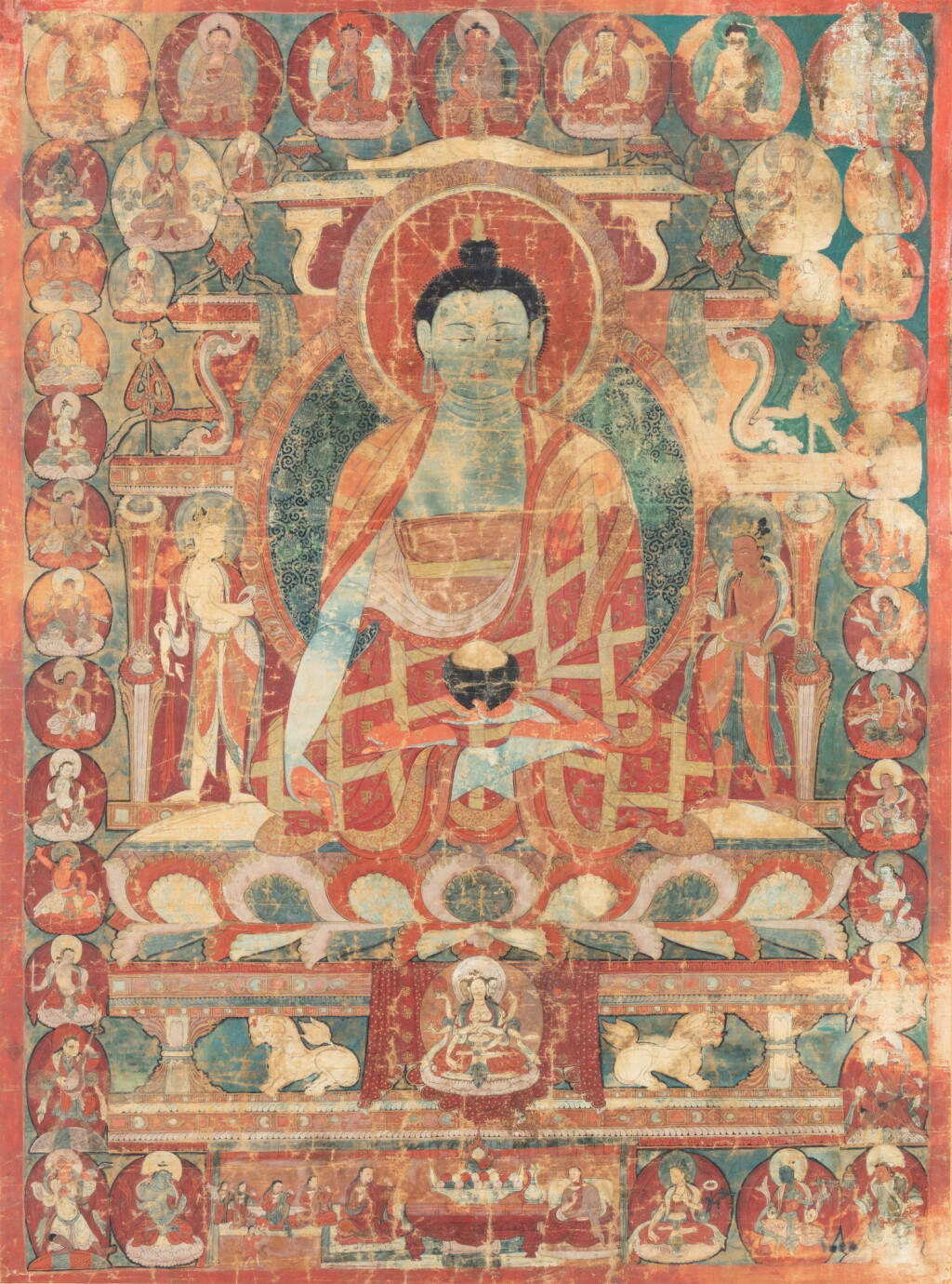 View full screen - View 1 of Lot 23. A finely drawn thangka depicting Bhaishajyaguru, West Tibet, 15th century | 西藏西 十五世紀 藥師佛唐卡 設色布本.