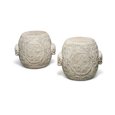 View full screen - View 1 of Lot 272. A rare pair of carved white marble drum-form 'dragon' stools, 17th / 18th century.