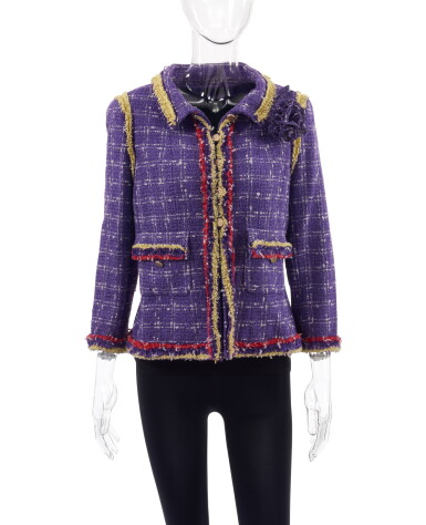 View full screen - View 1 of Lot 148. CHANEL | PURPLE SILK-BLEND JACKET WITH CAMELLIA BROOCH .