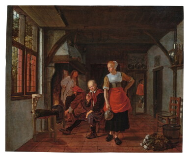 View full screen - View 1 of Lot 480. Inn Interior with a Maid and Three Men By a Fire.