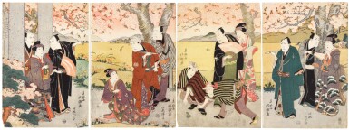 View full screen - View 1 of Lot 123. Shunkosai Hokushu (active 1810- 1832) Actors viewing cherry blossoms, Edo period, 19th century.