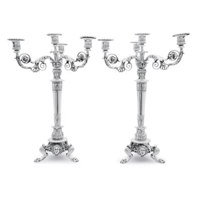 View full screen - View 1 of Lot 120. A pair of large silver four-light candelabra in Egyptian taste, partly by Paul Storr, London, 1815 and later.