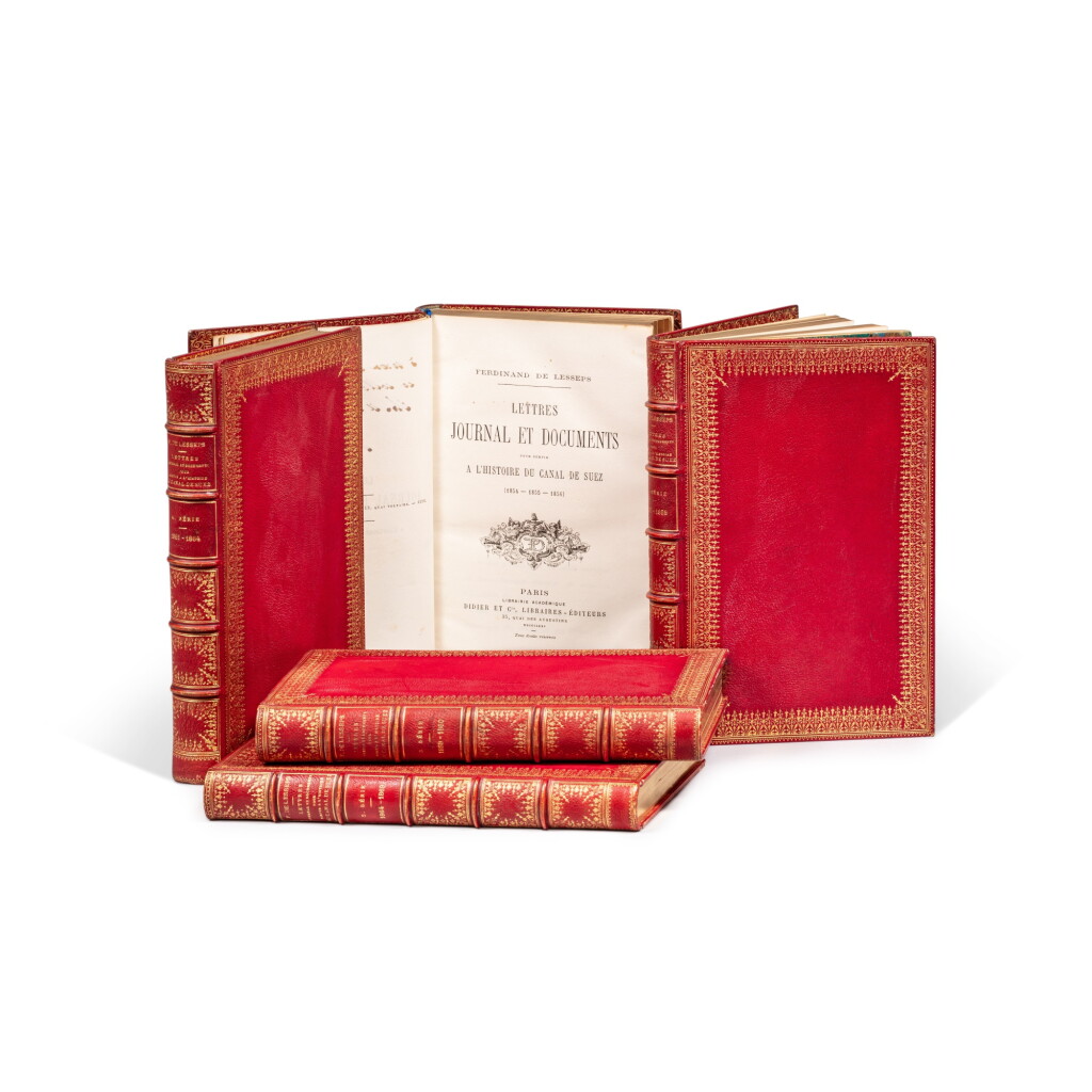 View full screen - View 1 of Lot 193. Lettres, journal et documents pour servir à l’histoire du canal de Suez. Paris, 1875-1881. 5 volumes in-8. Reliure de l'époque. Édition originale. Précieux exemplaire du fils de l'auteur..
