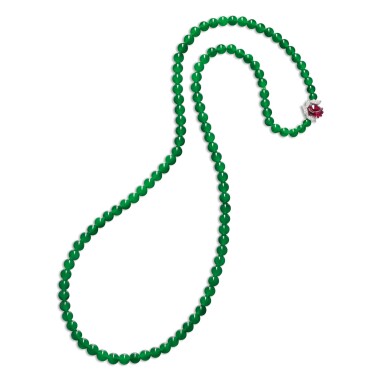View full screen - View 1 of Lot 1799. A FINE AND RARE 108 JADEITE BEAD, RUBELLITE AND DIAMOND NECKLACE 天然翡翠珠 配 紅寶碧璽及 鑽石 項鏈.