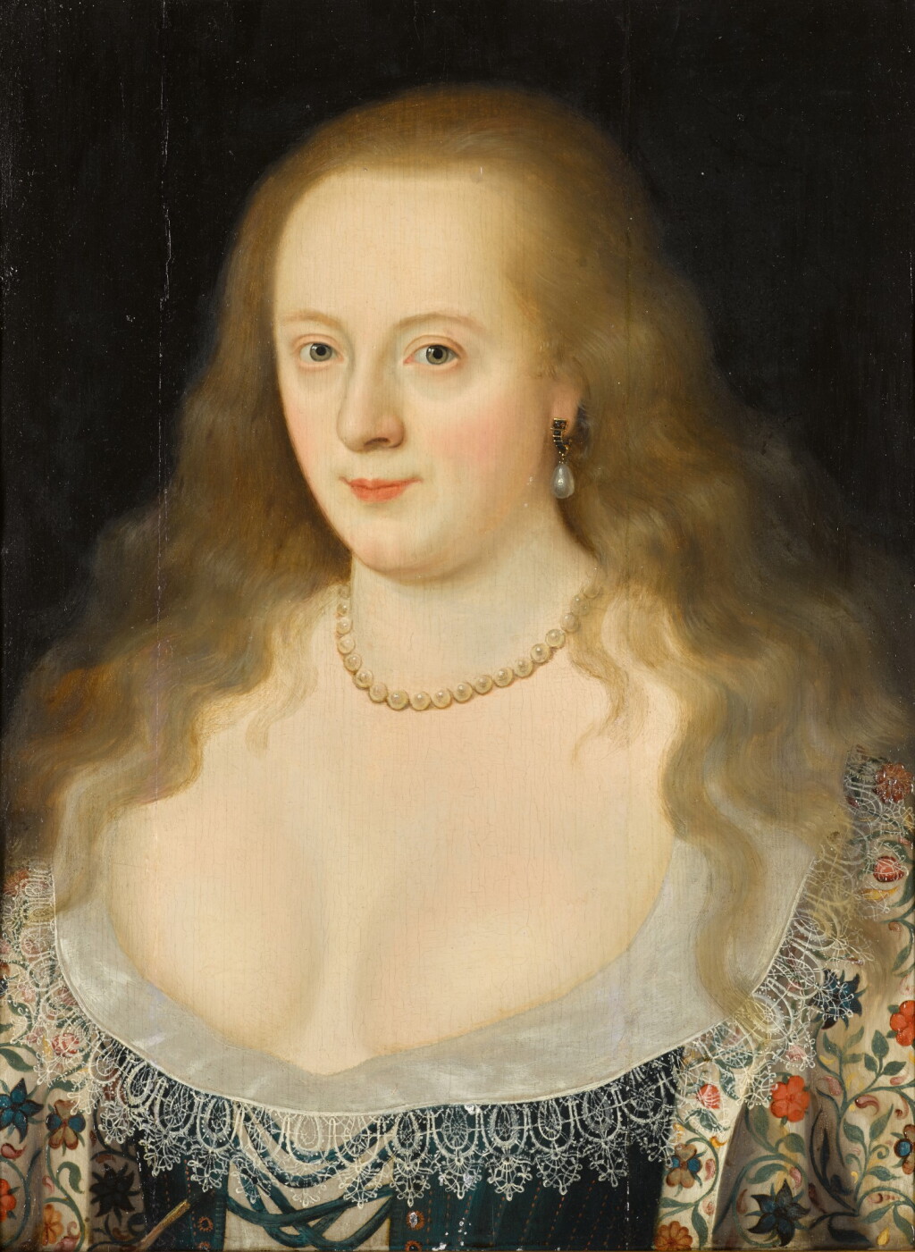 View full screen - View 1 of Lot 113. MARCUS GHEERAERTS THE YOUNGER | PORTRAIT OF FRANCES HOWARD, COUNTESS OF HERTFORD, LATER DUCHESS OF LENNOX AND RICHMOND (1578–1639), HALF-LENGTH, WEARING AN EMBROIDERED DRESS.
