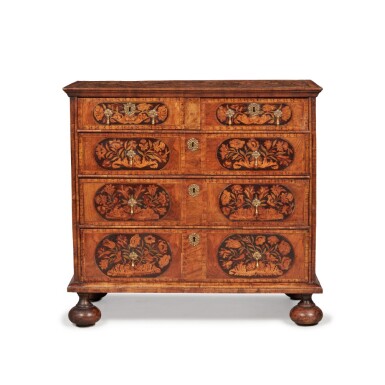 View full screen - View 1 of Lot 19. A William and Mary Walnut, Sycamore, and Fruitwood Marquetry Chest of Drawers, Circa 1690.