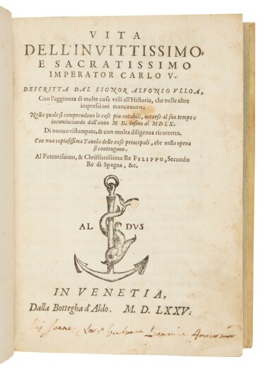 View full screen - View 1 of Lot 1503. Ulloa, Vita dell’imperatore Carlo V, Venice, Aldo II Manuzio, 1575, modern vellum.