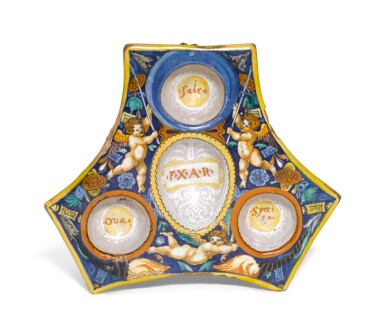View full screen - View 1 of Lot 64. An Italian maiolica egg stand, Urbino, by Francesco Xanto Avelli da Rovigo, circa 1530-35.