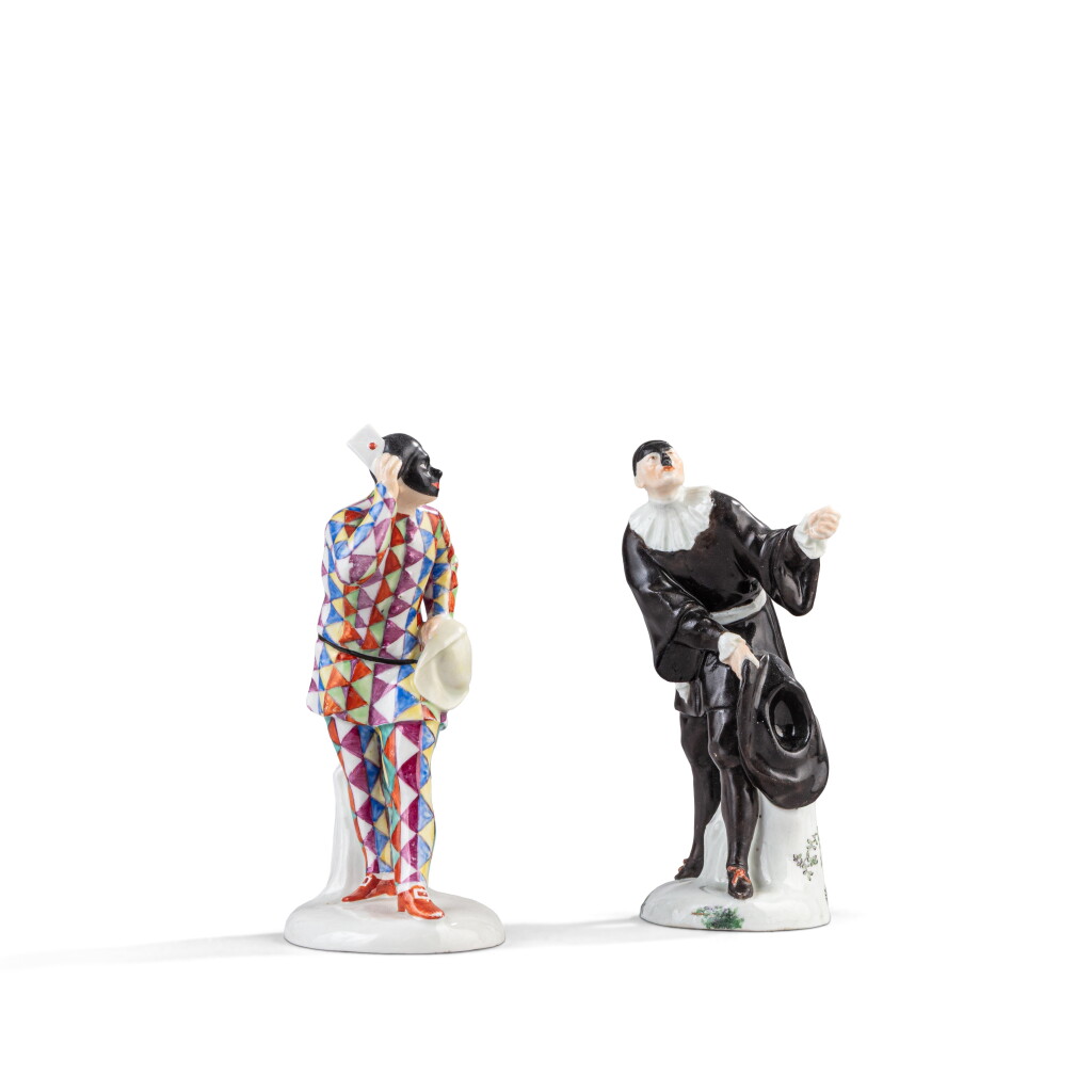 View full screen - View 1 of Lot 391. Two Kloster Veilsdorf porcelain Commedia dell'Arte figures of Harlequin and Dottore Boloardo, circa 1765-70.