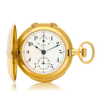 View full screen - View 1 of Lot 8161. Reference 3006 | A yellow gold and diamond-set hunting cased minute repeating split second chronograph watch with enamel dial, Circa 1910 | 型號3006 | 黃金鑲鑽石獵殼三問追針計時懷錶,備琺瑯錶盤,約1910年製.