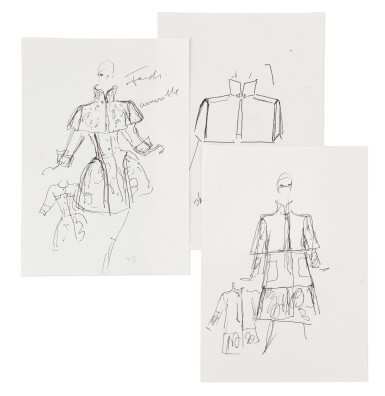 View full screen - View 1 of Lot 39. Three original sketches for fashion | Trois croquis de mode originaux.
