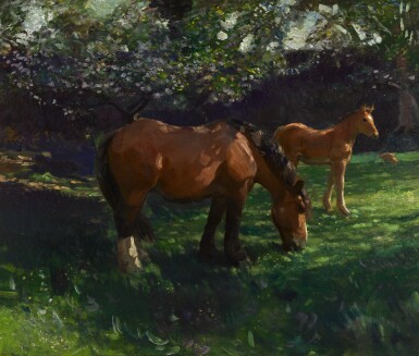View full screen - View 1 of Lot 179. SIR ALFRED JAMES MUNNINGS, P.R.A., R.W.S., P.R. | SPRINGTIME, APPLE BLOSSOM WITH A MARE AND FOAL.