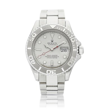 View full screen - View 1 of Lot 8062. Yacht-Master, Reference 16622 | A stainless steel wristwatch with date, platinum bezel and dial, Circa 2000 | 勞力士 | Yacht-Master 型號16622 | 精鋼鏈帶腕錶,備日期顯示、鉑金錶圈及錶盤,約2000年製.