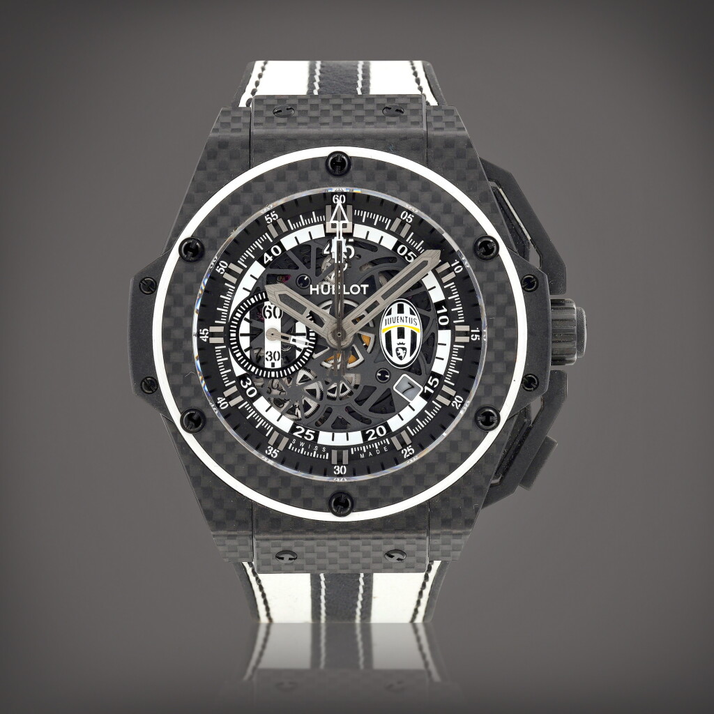 View full screen - View 1 of Lot 8831. Big Bang King Power, Reference 716.QX.1121.VR.JUV13 | A limited edition semi-skeletonised carbon fibre and black ceramic chronograph wristwatch with date, Made for Juventus F.C., Circa 2013 | 宇舶 | Big Bang King Power 型號716.QX.1121.VR.JUV13 | 限量版半鏤空碳纖維及黑陶瓷計時腕錶,備日期顯示,為祖雲達斯而製,約2013年製.