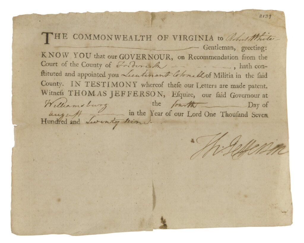 View full screen - View 1 of Lot 57. JEFFERSON, THOMAS | A Revolutionary War Virginia militia appointment signed ("Th: Jefferson") as Governor of Virginia.