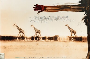 View full screen - View 1 of Lot 16. Giraffes in Mirage on the Taru Desert, Kenya, 1960.