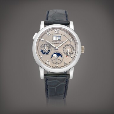 View full screen - View 1 of Lot 2263. Sax-O-Mat Langematik Perpetual, Reference 310.025 A platinum perpetual calendar wristwatch with digital date display, moon phases, 24 hours, leap year indication and zero-reset mechanism, Circa 2004 | 朗格 | Sax-O-Mat Langematik Perpetual 型號310.025 | 鉑金萬年曆腕錶,備數位日期、月相、24小時、閏年顯示及歸零裝置,約2004年製.