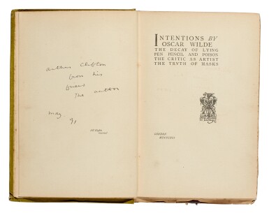 View full screen - View 1 of Lot 106. Oscar Wilde | Intentions, 1891, first edition, inscribed to Arthur Clifton, one of the author's most loyal friends.