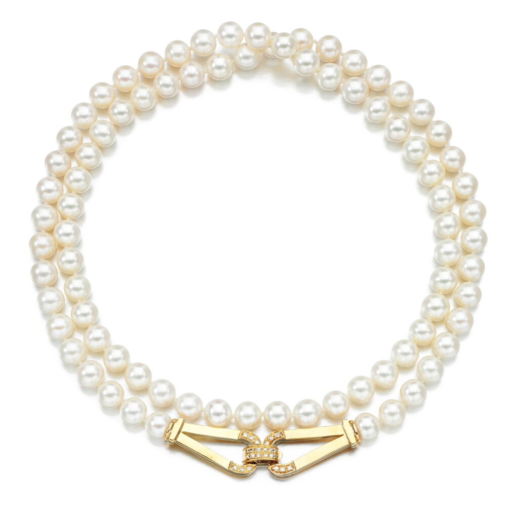 View full screen - View 1 of Lot 74. TIFFANY & CO. | CULTURED PEARL AND DIAMOND NECKLACE.