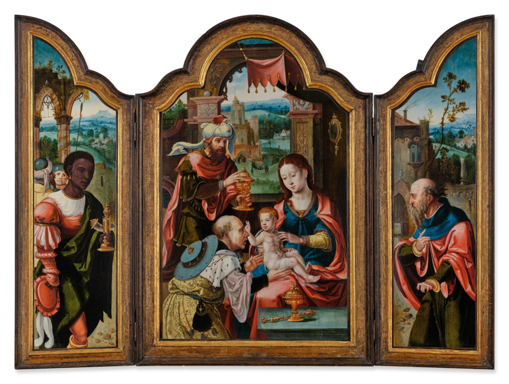 View full screen - View 1 of Lot 315. Triptych: Adoration of the Magi (center); Balthazar (left); Saint Joseph (right).